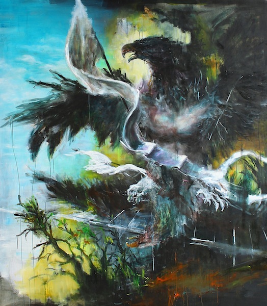 Alexander König: Engel spielen /Adler, 2015
acrylic, oil on canvas, 210 x 180 cm

